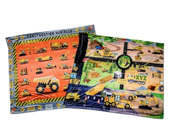Construction Vehicles and Construction Site Playmat Educational Blanket Reversible Learning for Kids Large 50x60 Gift Double Layered
