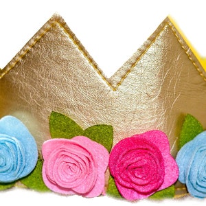 Girls Birthday Flower Crown Felt Gold Pink Princess Faux Leather Stretch Simply Gorgeous Pretend Play