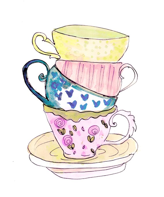Items similar to Tea cups illustration print stacked teacups kitchen