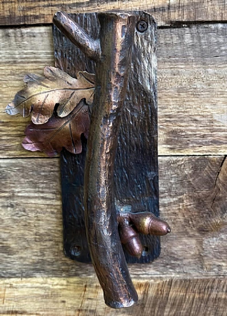 Hand Forged Iron Gate Handle, Oak Leaf & Acorn Accent, Rustic Iron Door Pull, Outdoor Hardware, Blacksmith Forged, Burnt Whisker Forge, Iron image 1