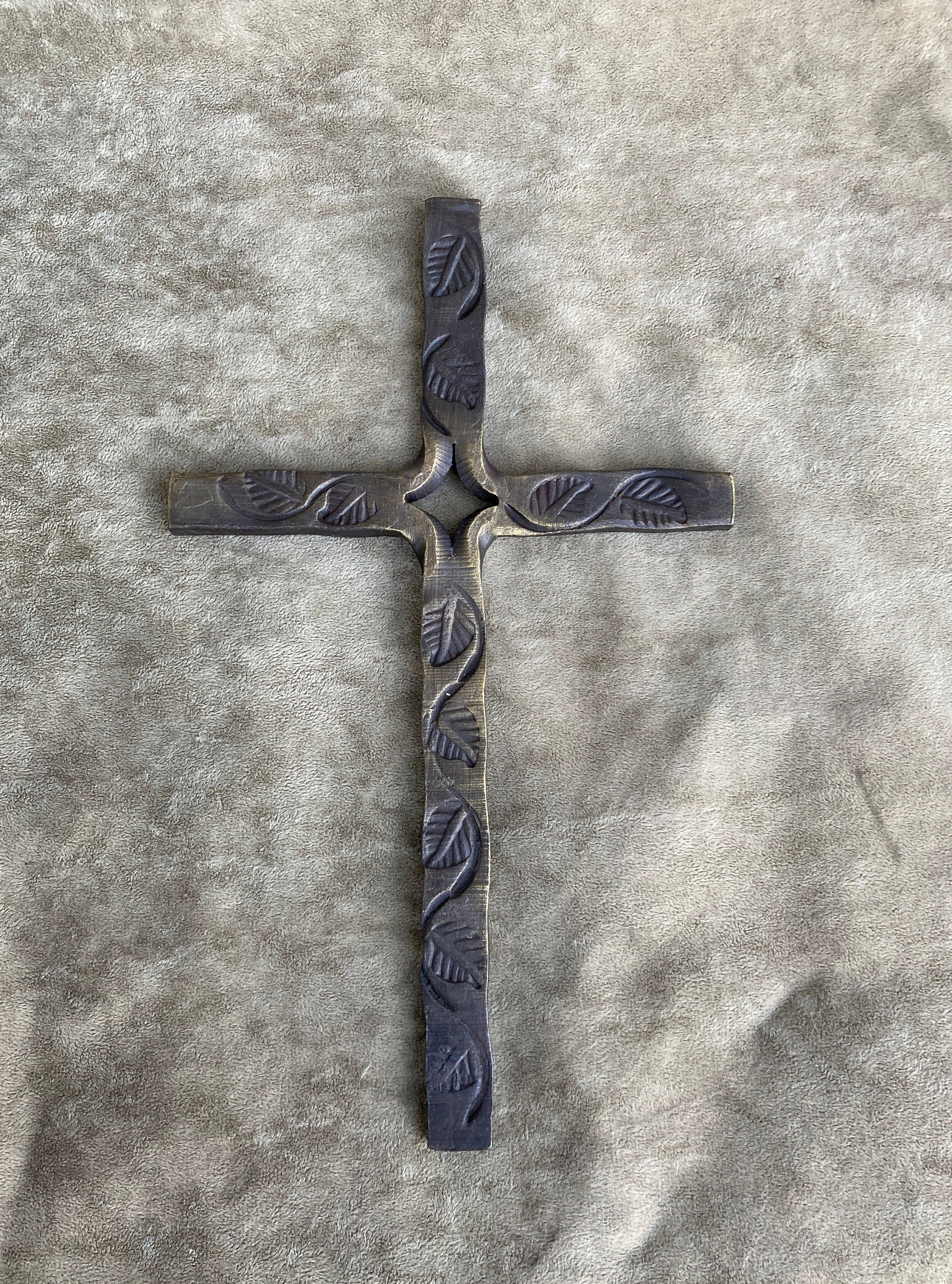 Hand Forged Iron Cross, Leaf Design, Blacksmith Art Wall Hanging