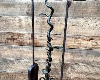Hand Forged Iron Fireplace Tool Set, Vine Design Hearth Decor, Blacksmith Made Poker Shovel