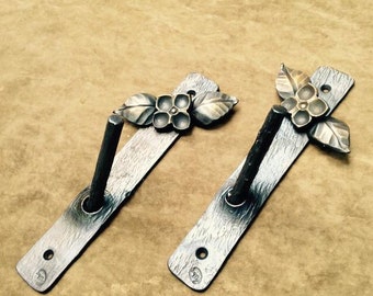 Hand Forged Dogwood Flower Iron Wall Hooks, Set of 2