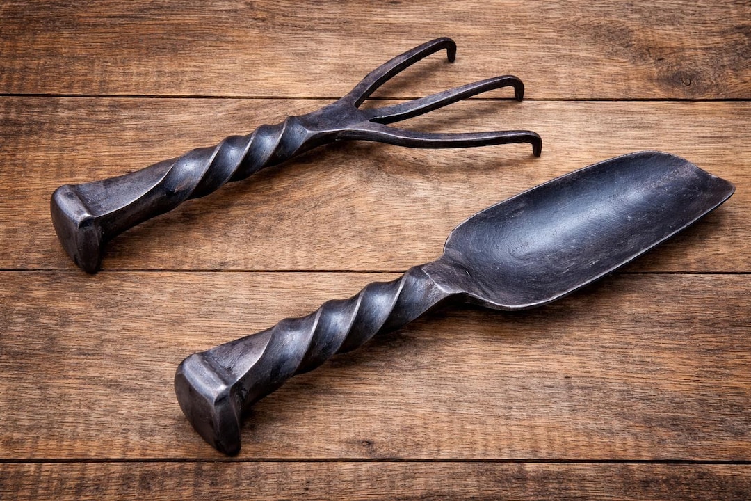 Hand Forged Iron Garden Tools Set – Railroad Spike Trowel & Rake ...