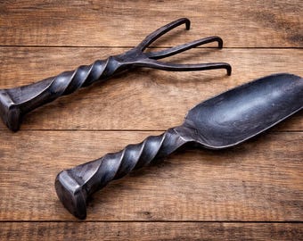 Hand Forged Iron Garden Tools Set – Railroad Spike Trowel & Rake, Blacksmith Made