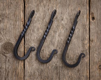 Hand Forged Blacksmith J Hooks, Twisted Metal Hangers, Set of 3