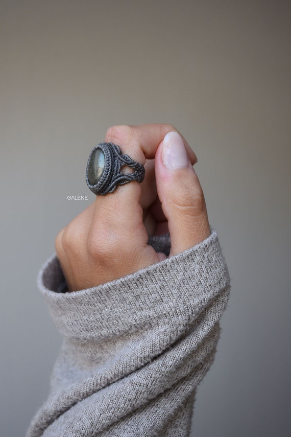 Maxi Ring in Macrame With Pyrite. Gothic Ring With Natural Stone  