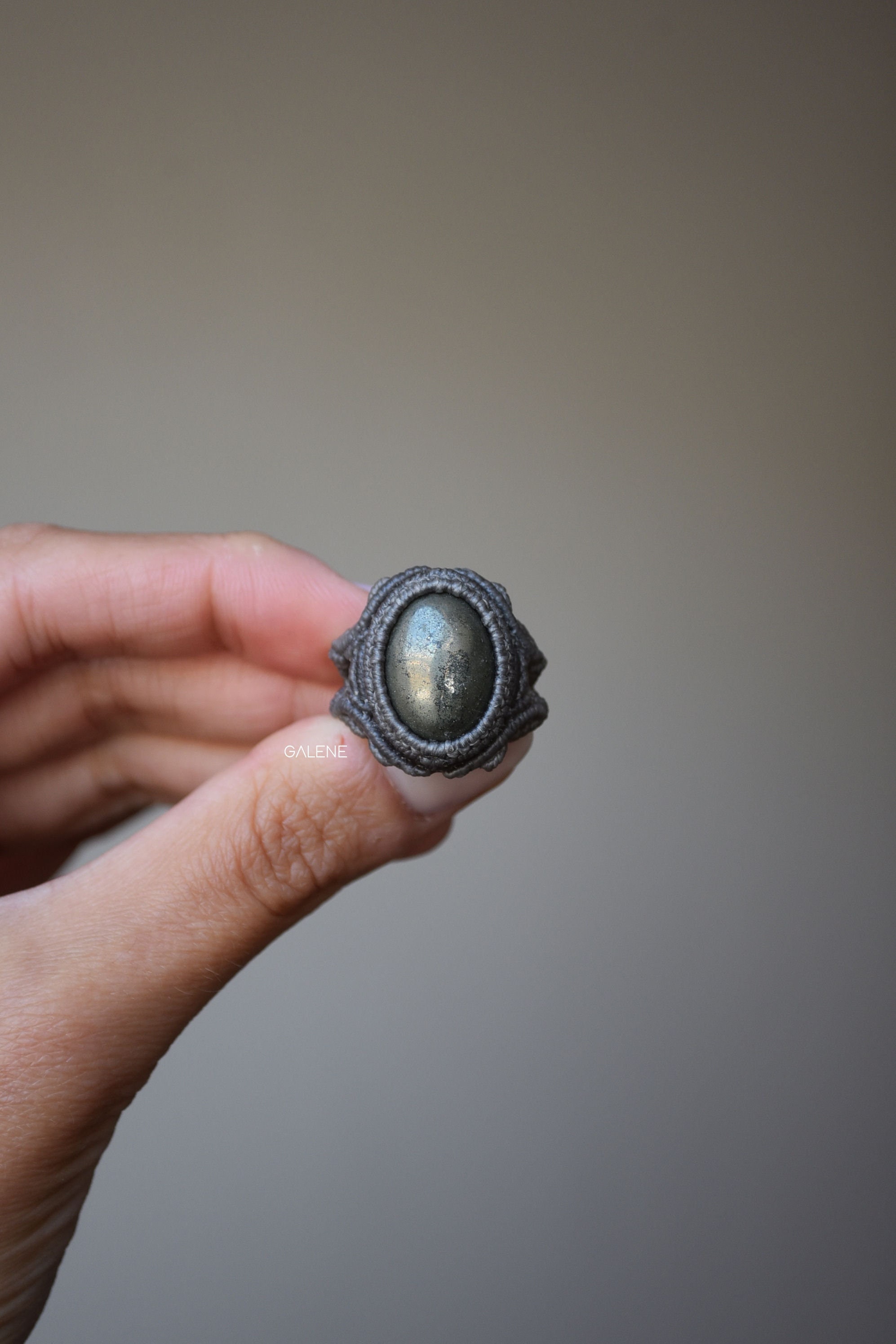 Maxi Ring in Macrame With Pyrite. Gothic Ring With Natural Stone  