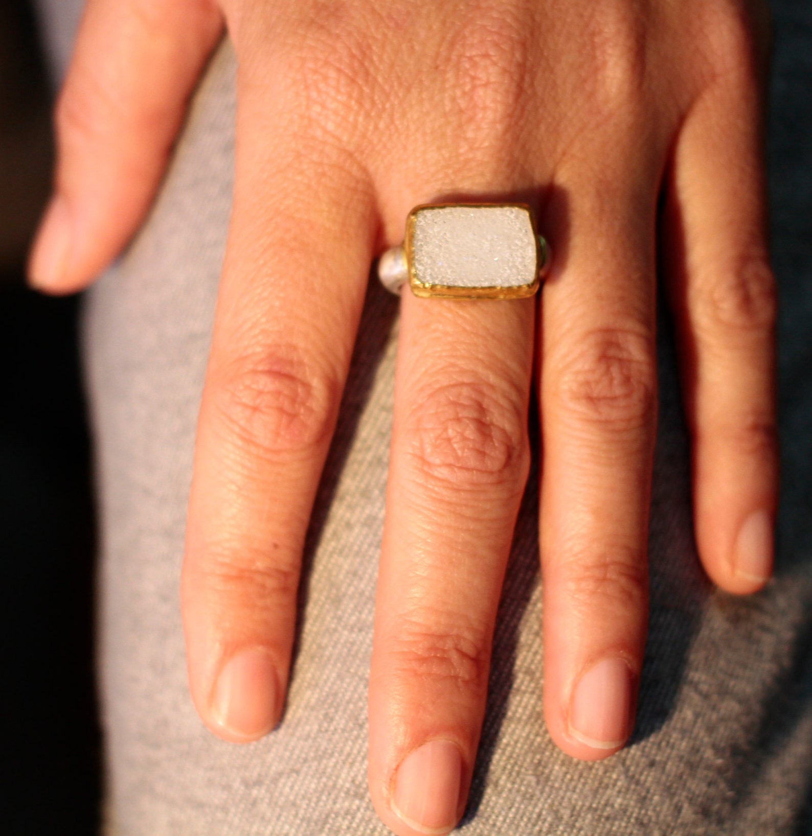 White Druzy Ring, Unique Engagement Ring, Sterling Silver and Gold