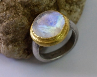 Round Moonstone Engagement Ring, Gold and Silver Moonstone Ring, Non Diamond Engagement Ring, Moonstone Wedding Band, Unique Engagement Ring