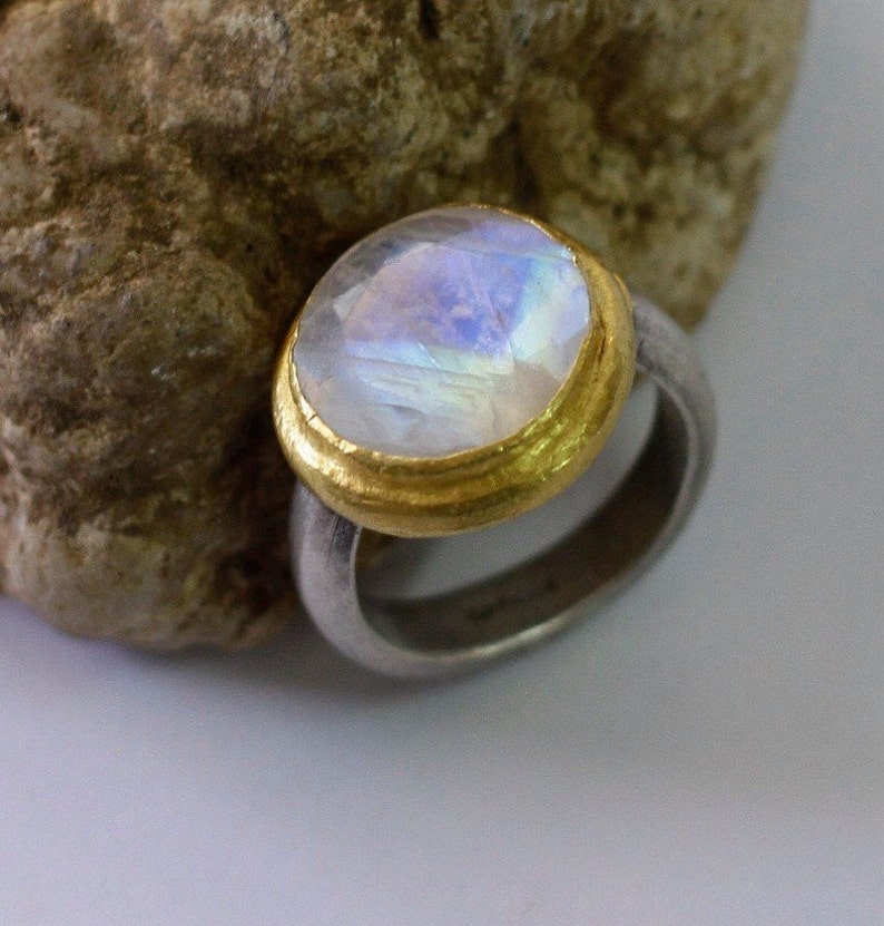 Round Moonstone Engagement Ring, Gold and Silver Moonstone Ring, Non Diamond Engagement Ring, Moonstone Wedding Band, Unique Engagement Ring image 1