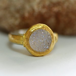 White Druzy Ring, Non Diamond Engagement Ring, Silver and Gold Drusy ring, Unique engagement ring, Alternative Engagement Ring image 1