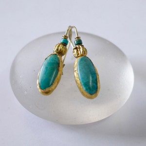 Solid Gold Turquoise Earrings, Gold Dangle Earrings, Turquoise and Gold Earrings, Earrings for Women, Oval Gemstone Earrings, Organic