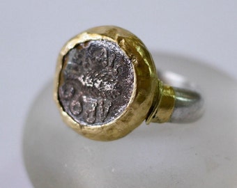 Ancient Coin Ring, Silver and Gold Coin Ring, Ancient Jewelry, Gold and Silver Ring, Chunky Silver Ring, Old Coin Ring, Silver Coin Ring