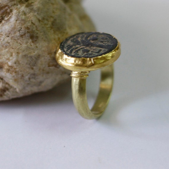 Antique Coin Ring, 18K Solid Gold Ring, Yellow Gold Coin Ring, Authentic Coin Ring, Ancient Jewelry,  Ancient Bronze Coin, Old Coin Ring