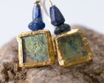 Alte römische Glasohrringe, Goldohrringe, Gold Glasohrringe, Zigeuner Boho chic Ohrringe, antike Perlen, antiken römischen Schmuck