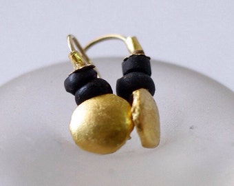 Gold Disc Earrings, Round Gold Earrings, 24k Gold Earrings, Earrings for Women, Black and Gold Earrings, Gold Dangle Earrings, Chic Earrings