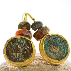 Ancient Coin Earrings, Ancient Coin Jewelry, Yellow Gold Coin Earrings, 18k Solid Gold Earrings with Ancient Coin, Boho Chic Earrings