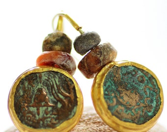 Antike Münze Ohrringe, alte Münze Schmuck, Gelbgold Münze Ohrringe, 18 k Solid Gold Ohrringe mit alten Münze, Boho Chic Ohrringe