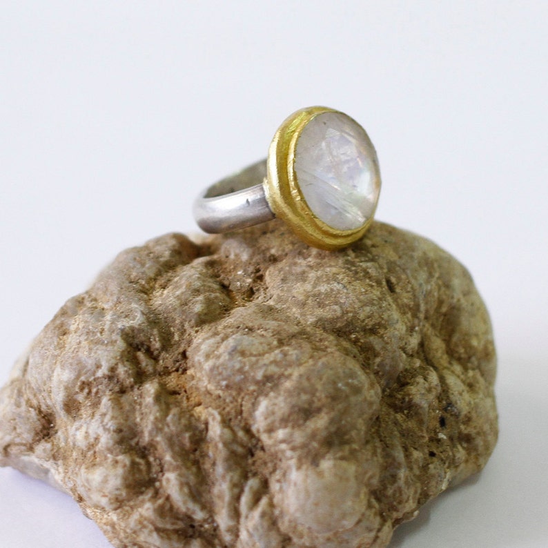 Round Moonstone Engagement Ring, Gold and Silver Moonstone Ring, Non Diamond Engagement Ring, Moonstone Wedding Band, Unique Engagement Ring image 3