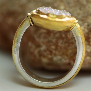White Druzy Ring, Non Diamond Engagement Ring, Silver and Gold Drusy ring, Unique engagement ring, Alternative Engagement Ring image 2