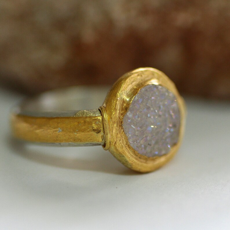 White Druzy Ring, Non Diamond Engagement Ring, Silver and Gold Drusy ring, Unique engagement ring, Alternative Engagement Ring image 3