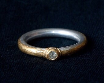 Sterling Silver and Gold Ring with Diamond, Unique Engagement Ring, Organic Engagement Diamond Ring, 24k Gold and Silver Ring, Stacking Ring