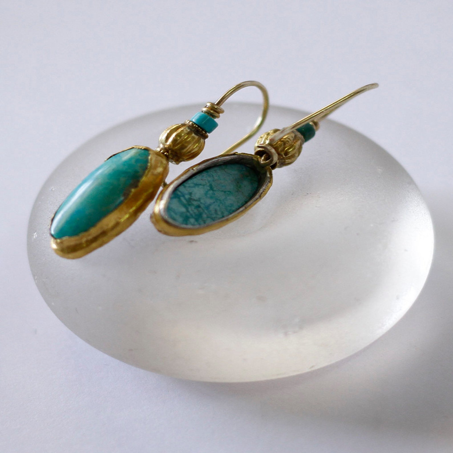Solid Gold Turquoise Earrings, Gold Dangle Earrings, Turquoise and Gold