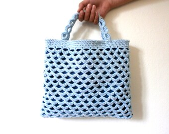 Sac crochet vintage bleu ciel argenté fait-main au crochet