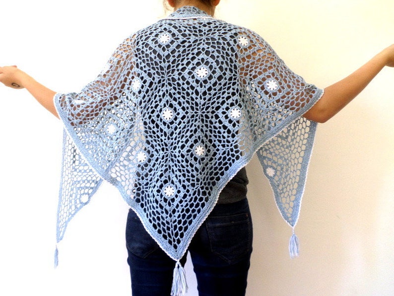 Blue and white cotton wool boho crochet shawl image 2