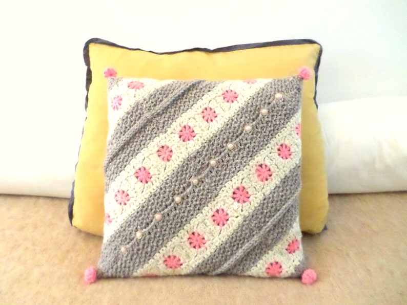 Boho cushion cover with ecru pink gray hook image 6