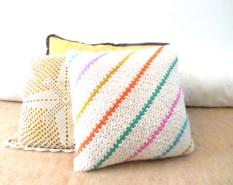 Boho cushion cover with crochet, multicolored stripes on cream white background