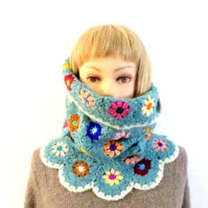 Crochet hooded snood, blue and multicolored flowers