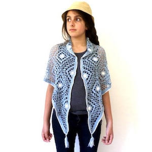 Blue and white cotton wool boho crochet shawl image 1