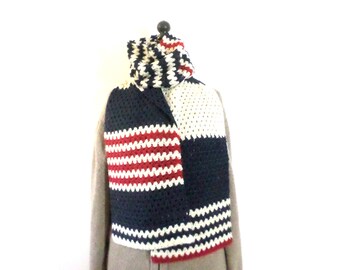 Grande écharpe mixte asymétrique au crochet en laine, bleu, blanc écru, rouge