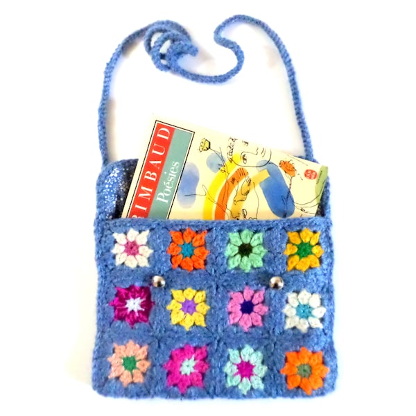 Pochette bandoulière au crochet, mini sac bleu à fleurs multicolores