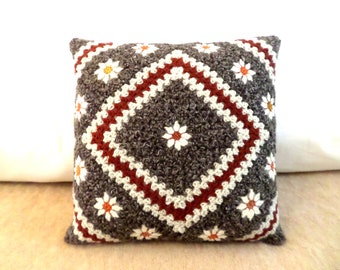 Cushion cover with square hook granny brown taupe rust unbleached flowers