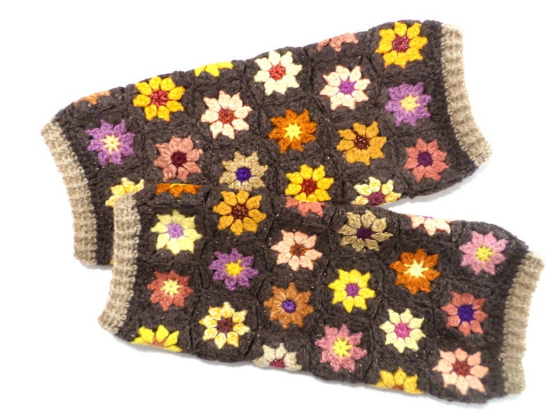 Legwarmers Crocheted Wool Flowers Brown Multicolored Etsy UK