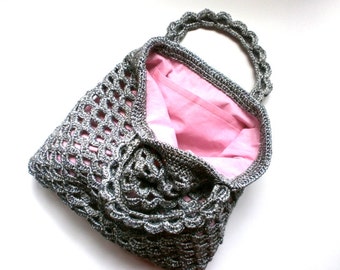 Sac crochet vintage gris métallisé et rose fait-main au crochet