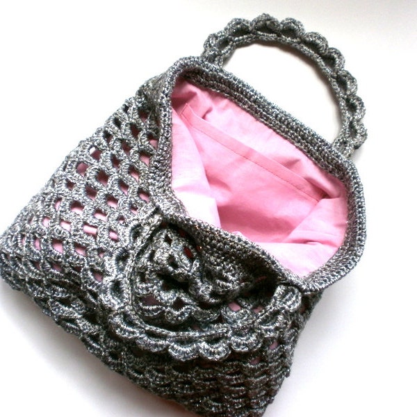 Sac crochet vintage gris métallisé et rose fait-main au crochet