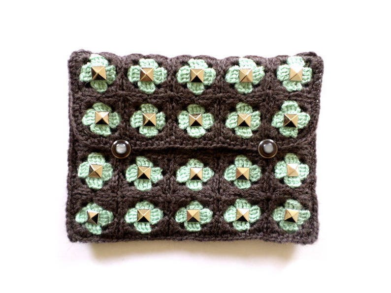 Grey green studded crochet pouch image 1