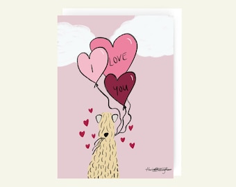 Puede incluir: Una tarjeta de San Valentín rosa y roja con un perro de dibujos animados sosteniendo globos en forma de corazón que dicen "Te amo".