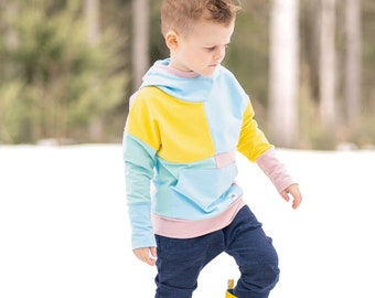Colorblock Hoodie for Boy, Grow With Me Pattern, Baby Boy Clothes, Handmade Clothes for Kids, 1st Birthday Gift, Baggy Hoodie for Kids