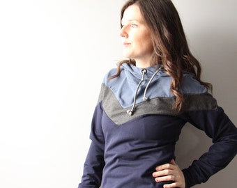 Blue Hoodie for Women, ColorBlock Hoodie, Athleisure Clothing, Mothers Day Gift for Wife, Cozy Gift for her, Handmade Clothing, Comfy Cute