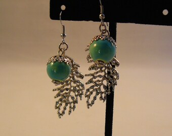 Turquoise Acorn and Silver Leaf Earrings