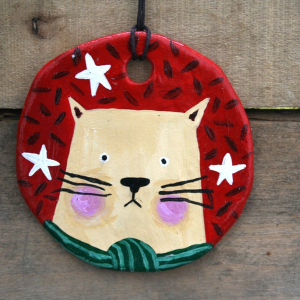 Cat Christmas Decoration/Ornament, Red Christmas Decoration, Cute Illustration Cat, Personalised Christmas Decoration