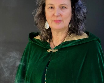 Velvet Green Cloak, Elen of the Ways Bespoke Made to Measure, Armholes, Handmade in Avalon, Priestess Witch Druid Goddess Avalon Cloaks