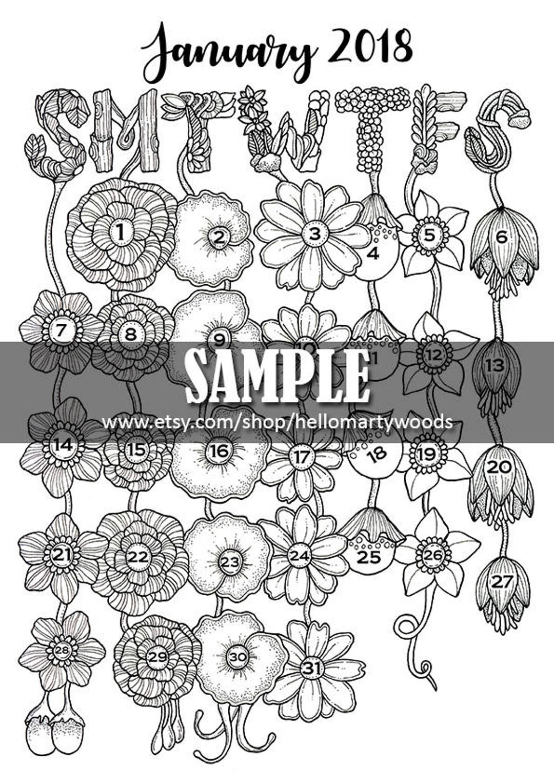 PDF Version Instant Download Monthly Calendar Coloring Page | January ...