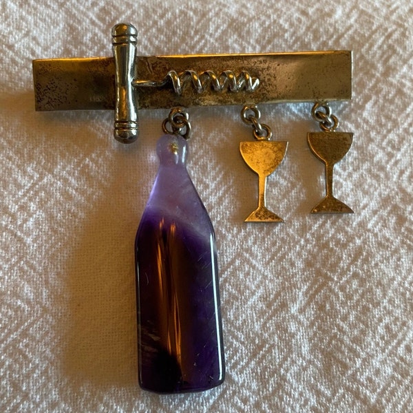 Great Falls Metal Works Sterling Amethyst Wine Bottle Corkscrew Wine Glass Broch