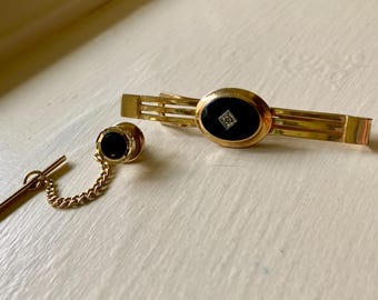 Vintage 12k Gold Filled White Rhinestone & Black Cabochon Anson Tie Bar Clip with Complimentary Tie Tack